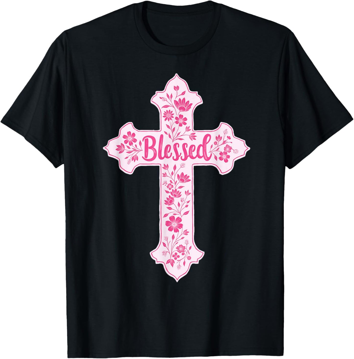 Christian Faith Cross Pink Toile Chinoiserie Floral T-Shirt - T-Shirt | Black