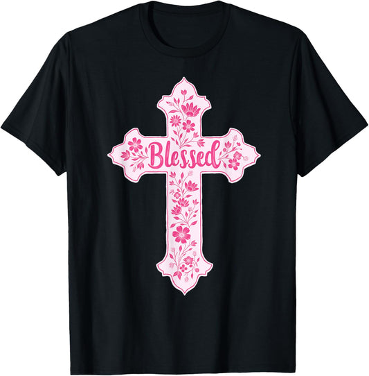 Christian Faith Cross Pink Toile Chinoiserie Floral T-Shirt - T-Shirt | Black