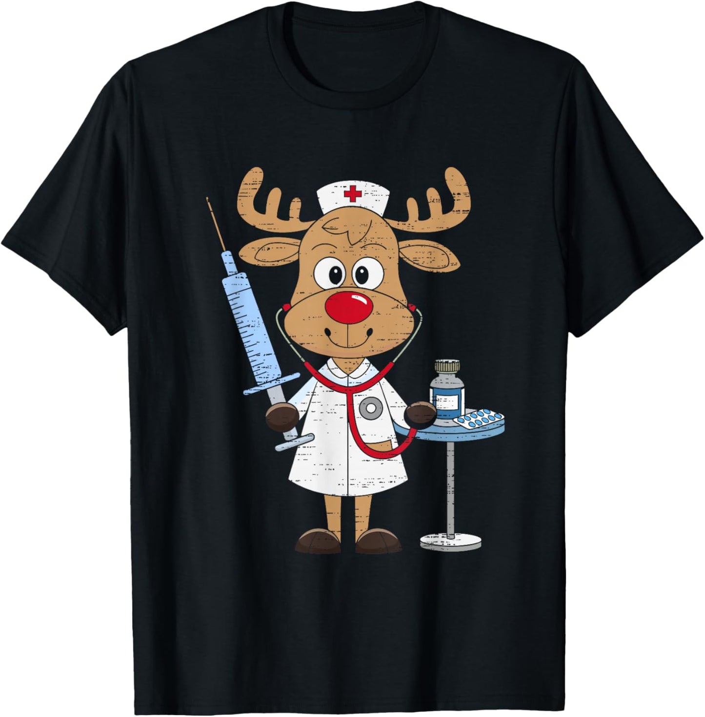 Reindeer Nurse Scrub Tops Christmas Stethoscope Nursing Xmas T-Shirt - T-Shirt | Black