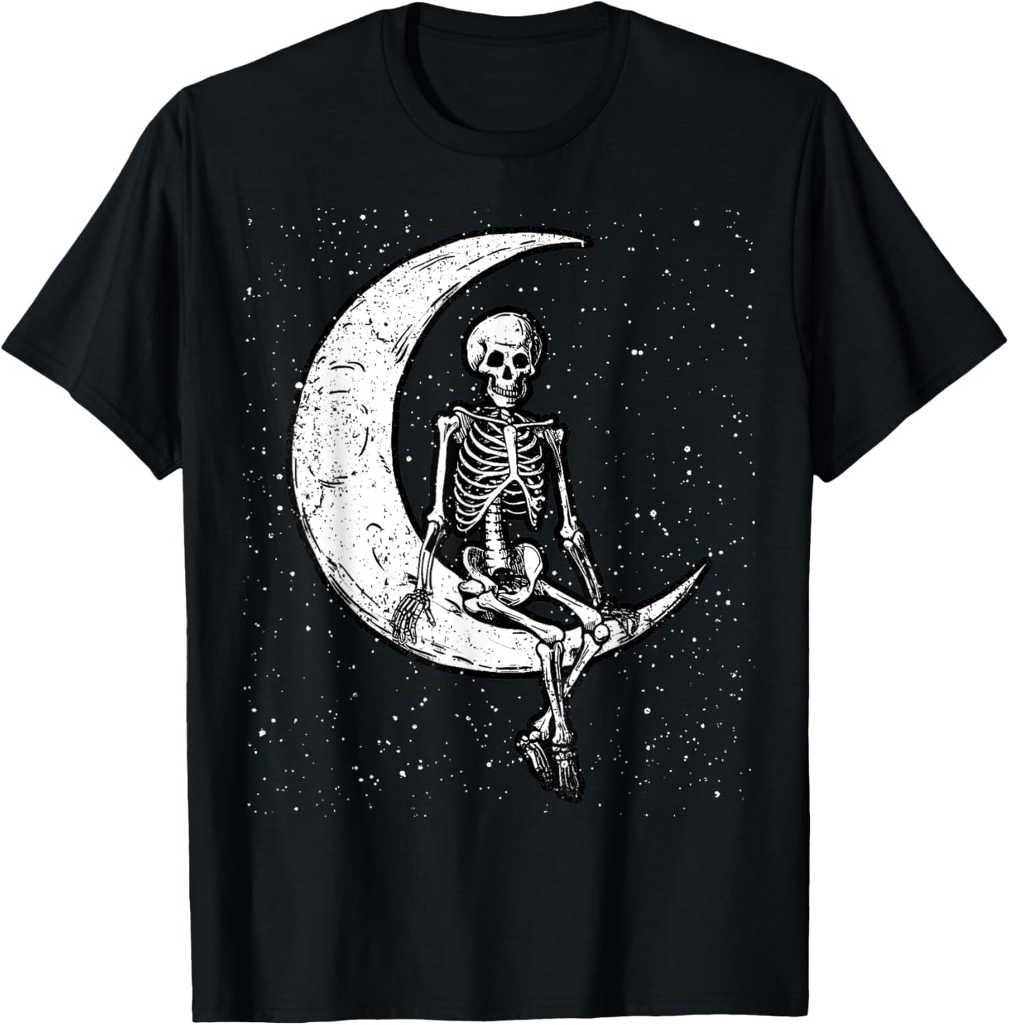 Skeleton Sitting On Moon Halloween Spooky Bones Goth Gothic T-Shirt - T-Shirt | Black