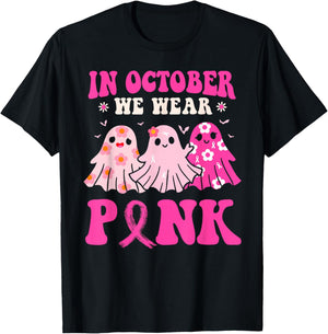 In October We Wear Pink Halloween Breast Cancer Awareness T-Shirt - T-Shirt | Black