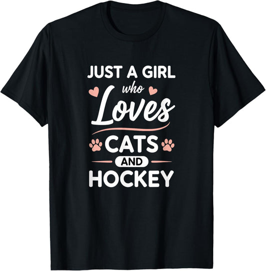 Just A Girl Who Loves Cats and Hockey Cute Cat Hockey Fan T-Shirt - T-Shirt | Black