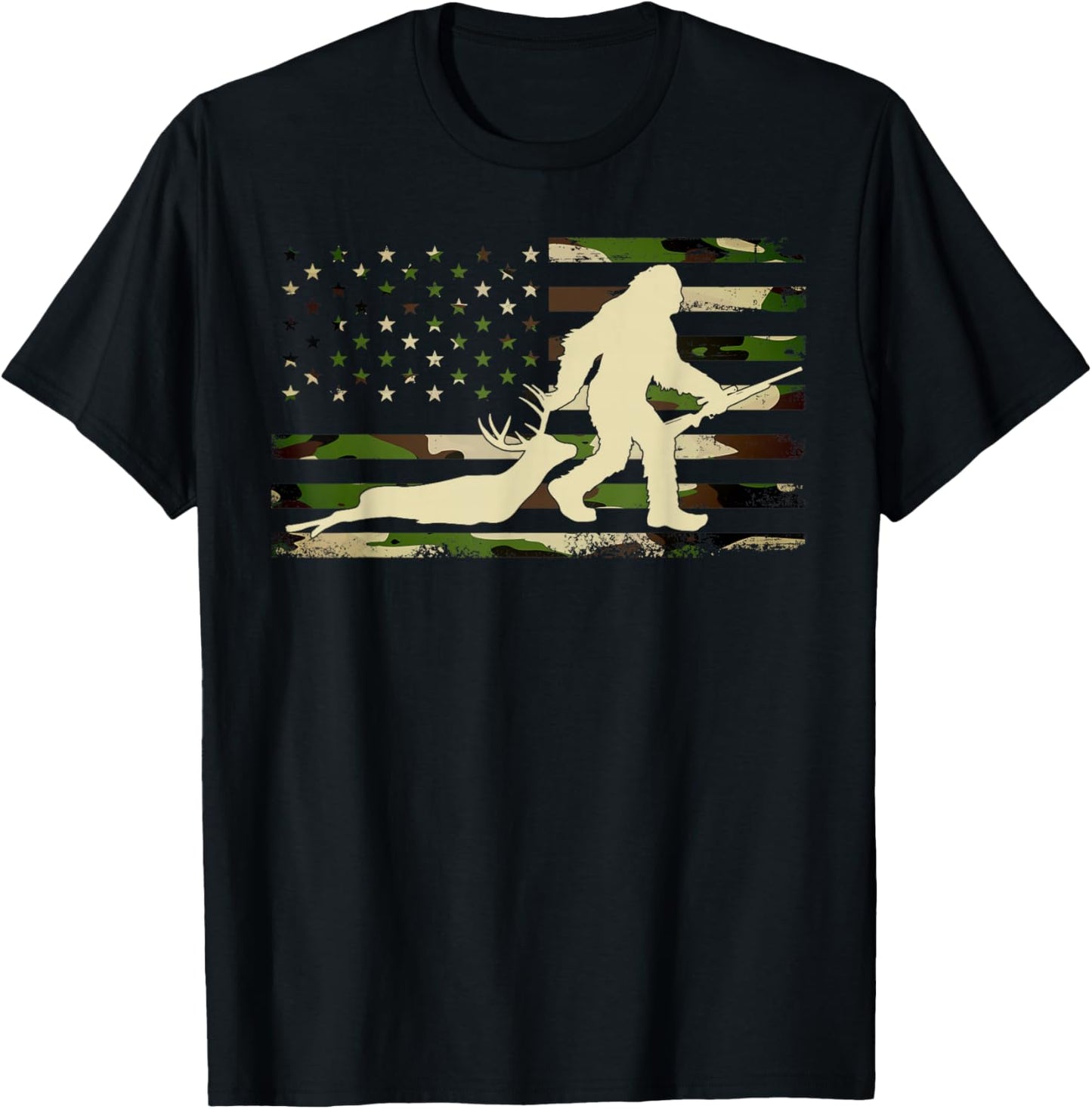 Bigfoot Deer Hunting Flag US Camouflage Sasquatch Hunting T-Shirt - T-Shirt | Black
