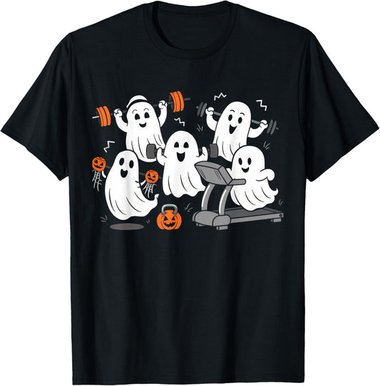 Working Out Ghost Gym Halloween Fitness Weightlifting T-Shirt - T-Shirt | Black