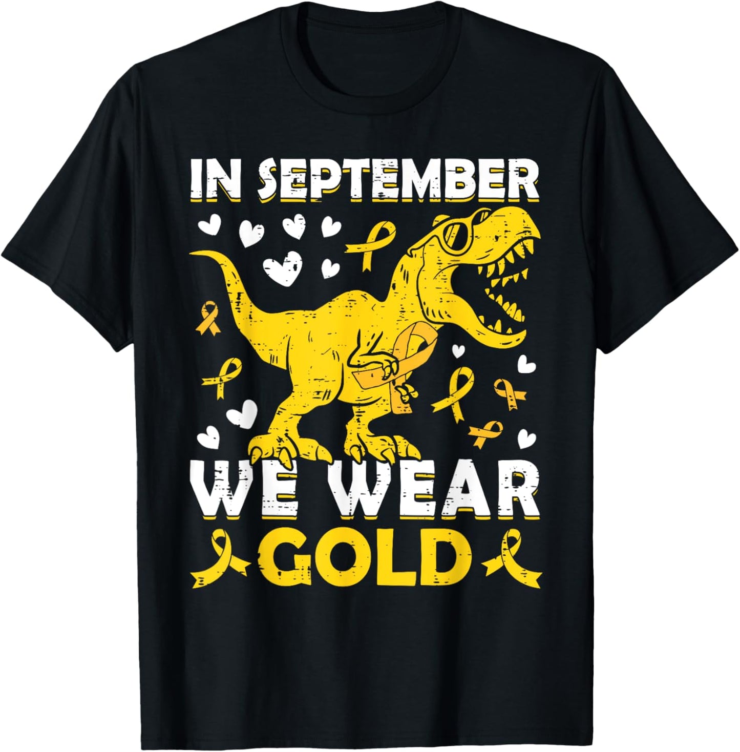 In September We Wear Gold T-Rex Childhood Cancer Awareness T-Shirt - T-Shirt | Black