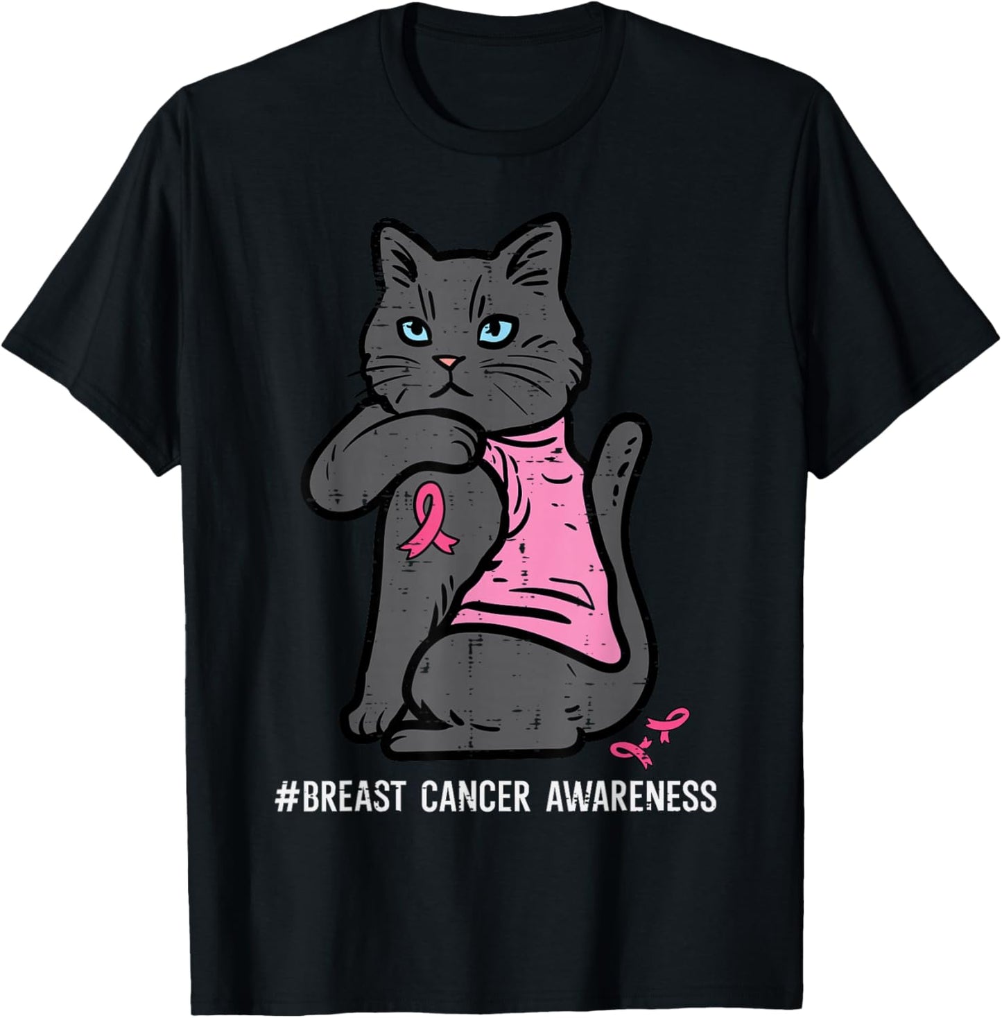 Breast Cancer Cat Pink Ribbon Awareness Women Girls Kids T-Shirt - T-Shirt | Black