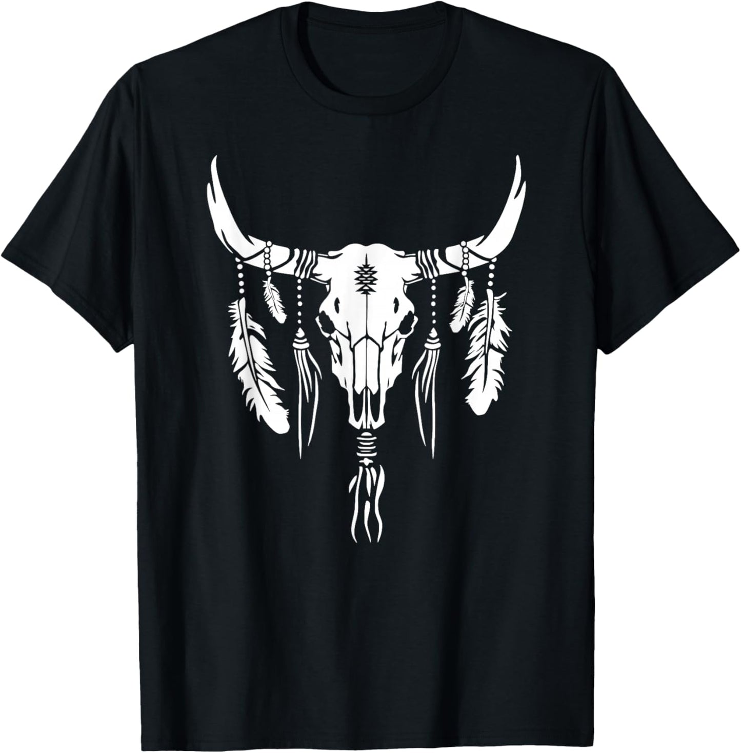 Boho Longhorn Bull Skull Design Cow Skull and Feathers Art T-Shirt - T-Shirt | Black