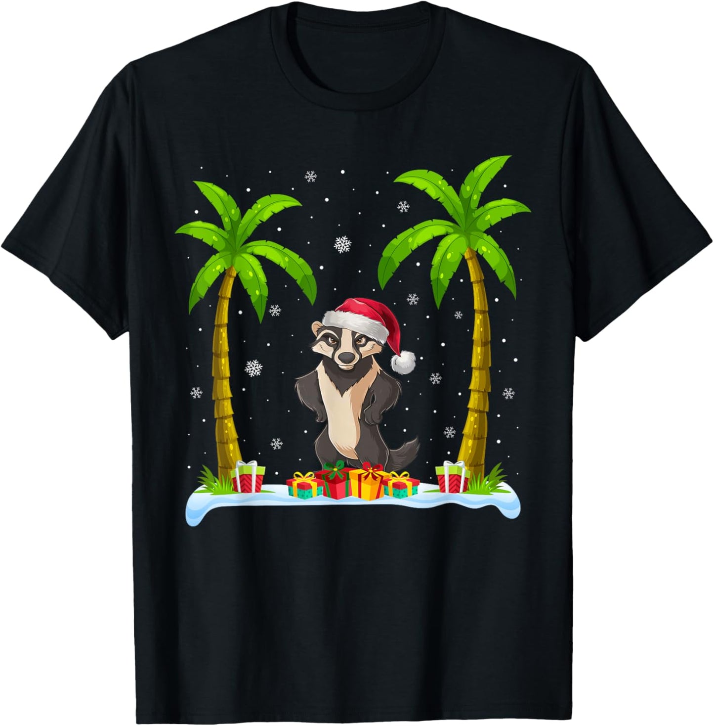 Honey Badger Santa Hat Palm Tree Beach Xmas Pajama T-Shirt - T-Shirt | Black