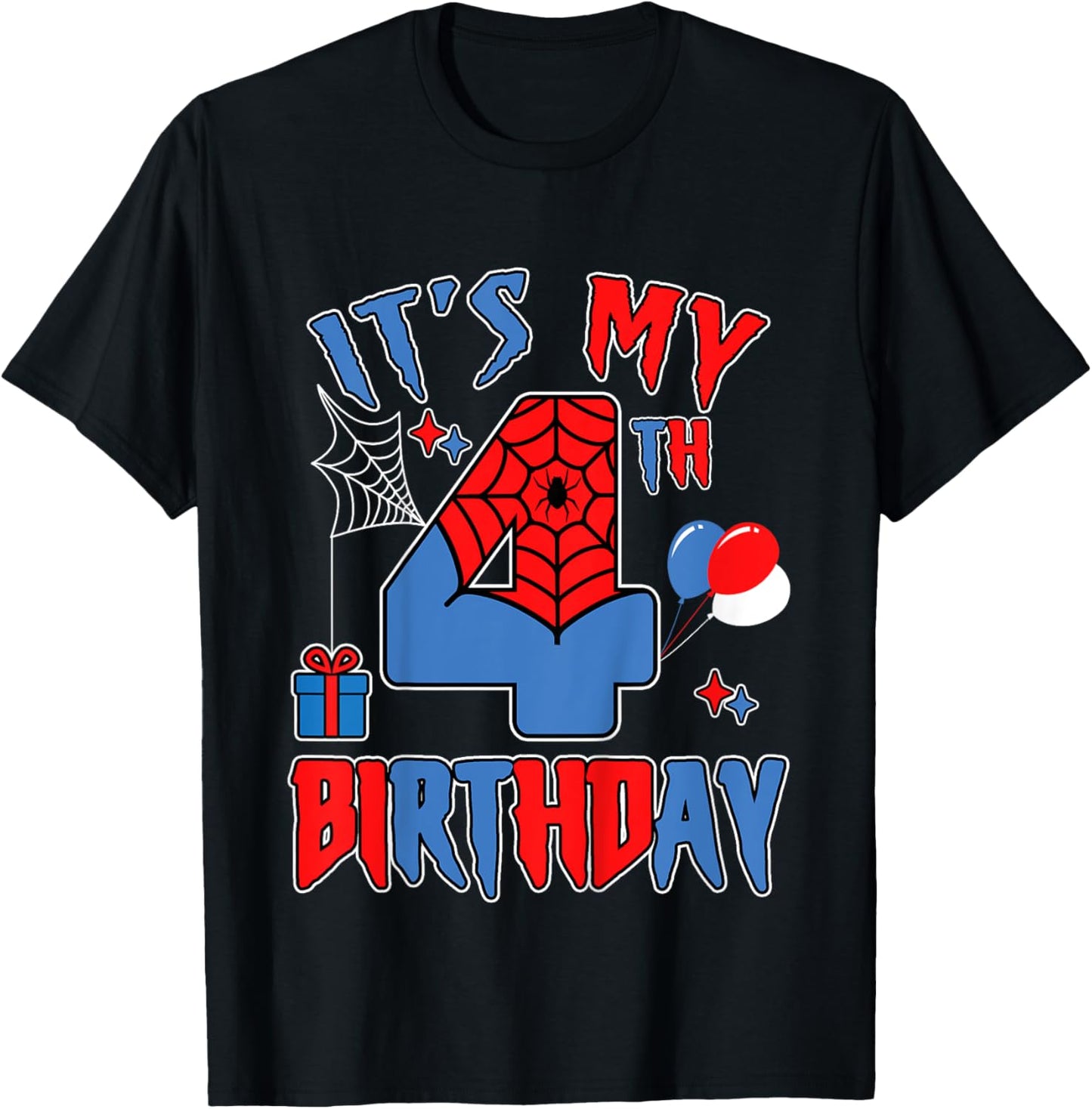 Kids 4th Birthday Spider Web Theme Party four 4 Year Bday Boy T-Shirt - T-Shirt | Black