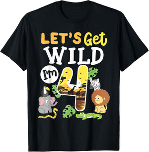 Jungle Safari Let's Get Wild 4th Birthday Zoo 4 Year Old Kid T-Shirt - T-Shirt | Black