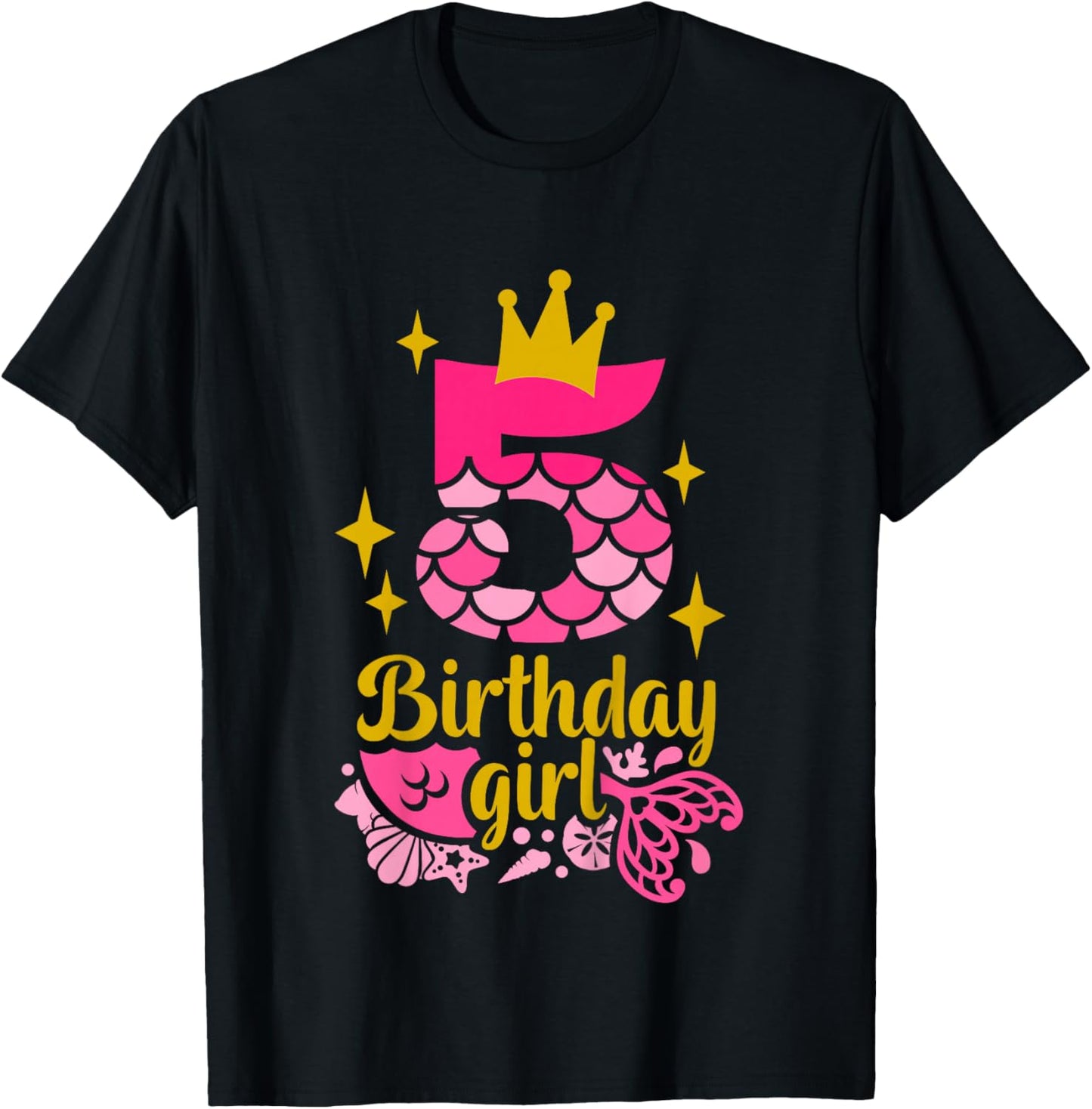 5th Birthday Girl Mermaid Fifth Birthday Pink 5yr Old Bday T-Shirt - T-Shirt | Black