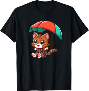 Brown Tabby Cat Skydiving Pet Funny Parachuting T-Shirt - T-Shirt | Black