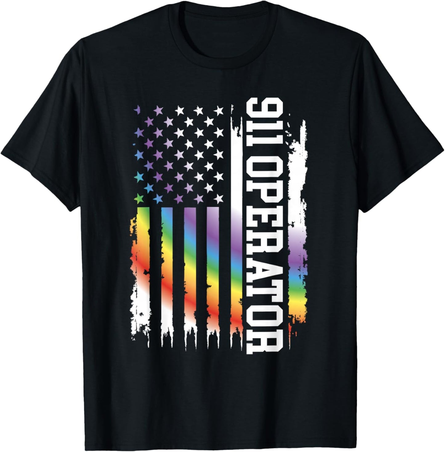 911 Operator United States Distressed Rainbow w US Flag T-Shirt - T-Shirt | Black