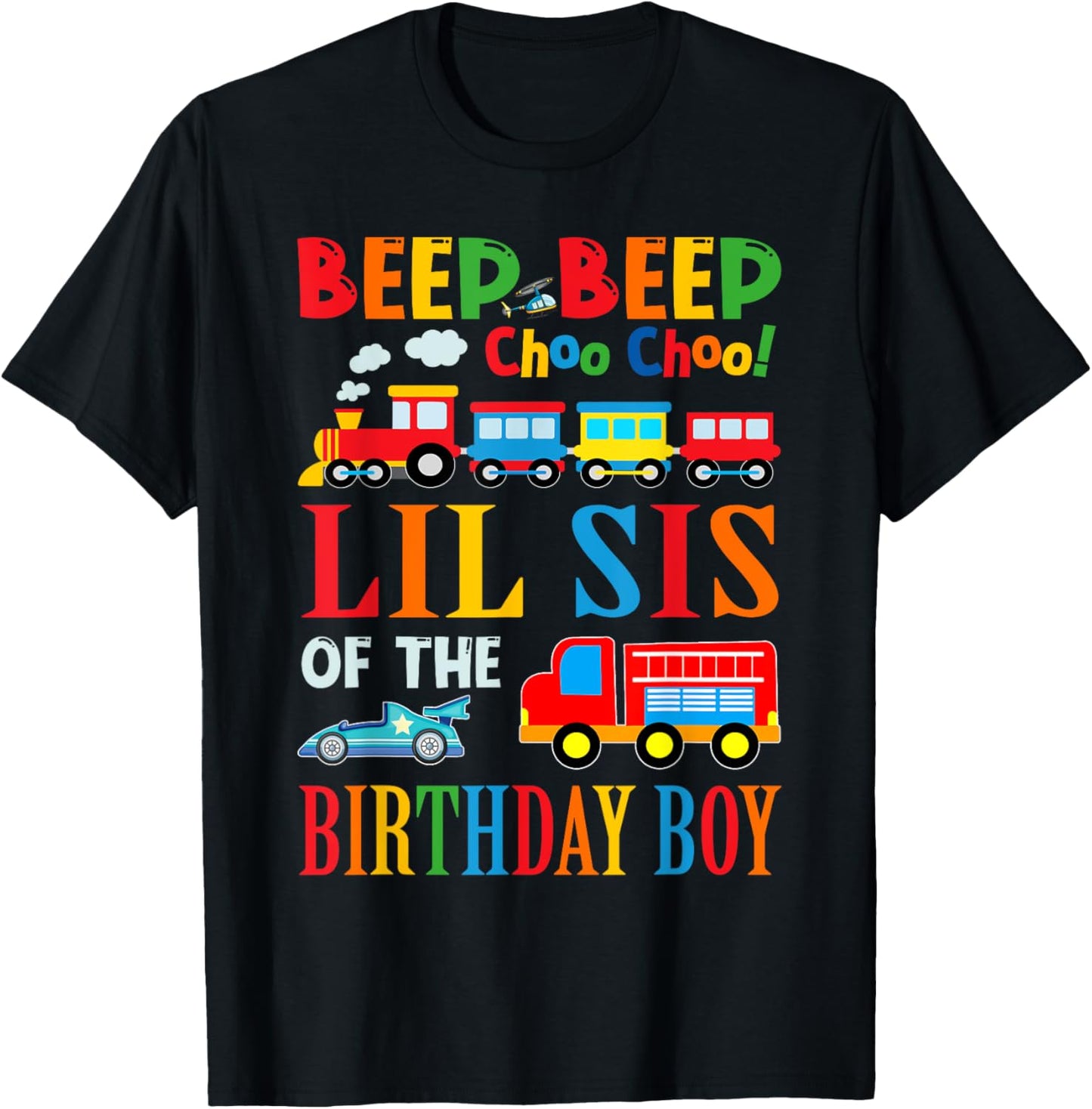 Lil Sister Of The Birthday Boy Transportation Family T-Shirt - T-Shirt | Black