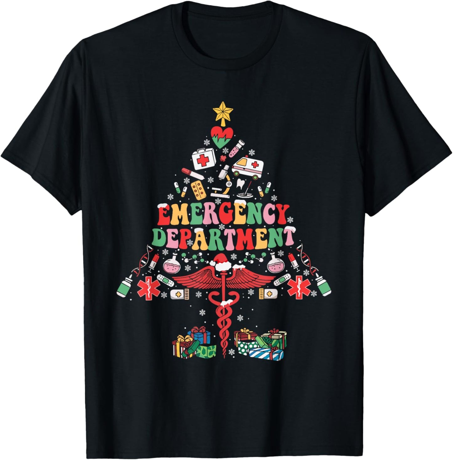 Retro Emergency Department Christmas Tree ER Crew Nurse Xmas T-Shirt - T-Shirt | Black