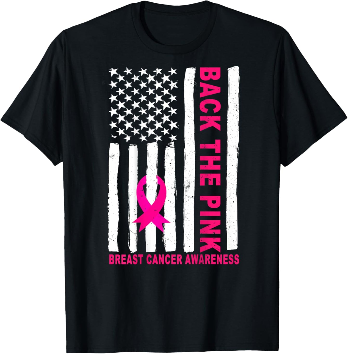 Back The Pink Ribbon USA Flag Breast Cancer Awareness T-Shirt - T-Shirt | Black