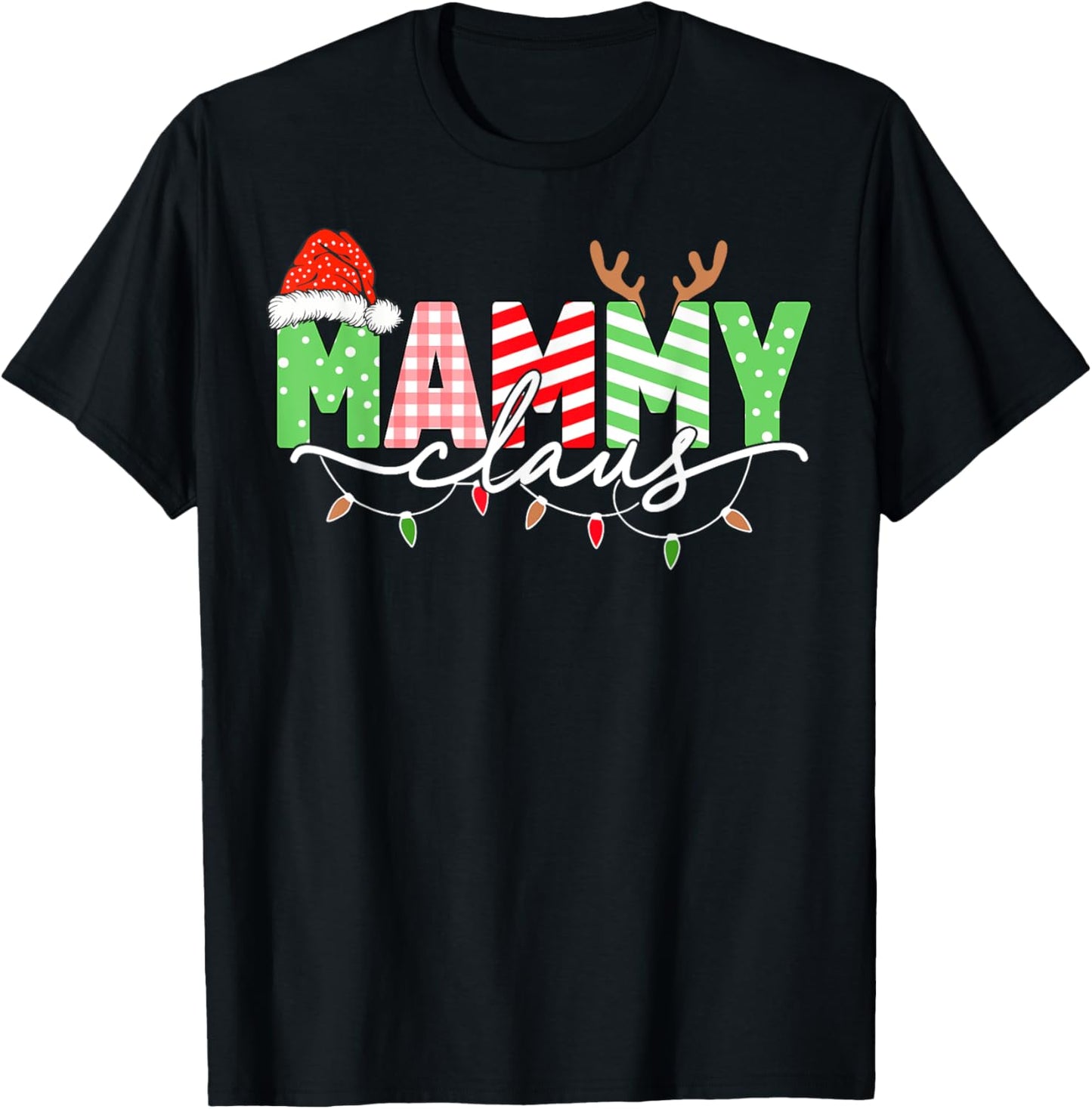 Mammy Claus Christmas Lights Santa Hat Family Matching T-Shirt - T-Shirt | Black