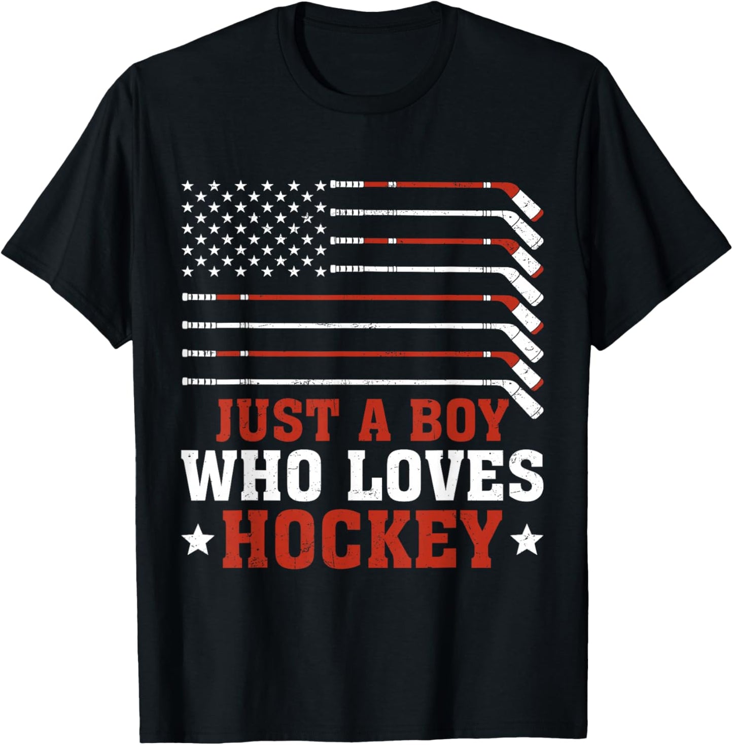 Just A Boy Who Loves Hockey USA Flag Vintage Ice Hockey T-Shirt - T-Shirt | Black