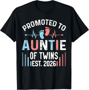 Promoted to Auntie of Twins Est 2026 Twin Baby Shower T-Shirt - T-Shirt | Black