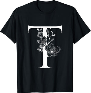 English Alphabet Letter White T Monogram Initial Black T-Shirt - T-Shirt | Black