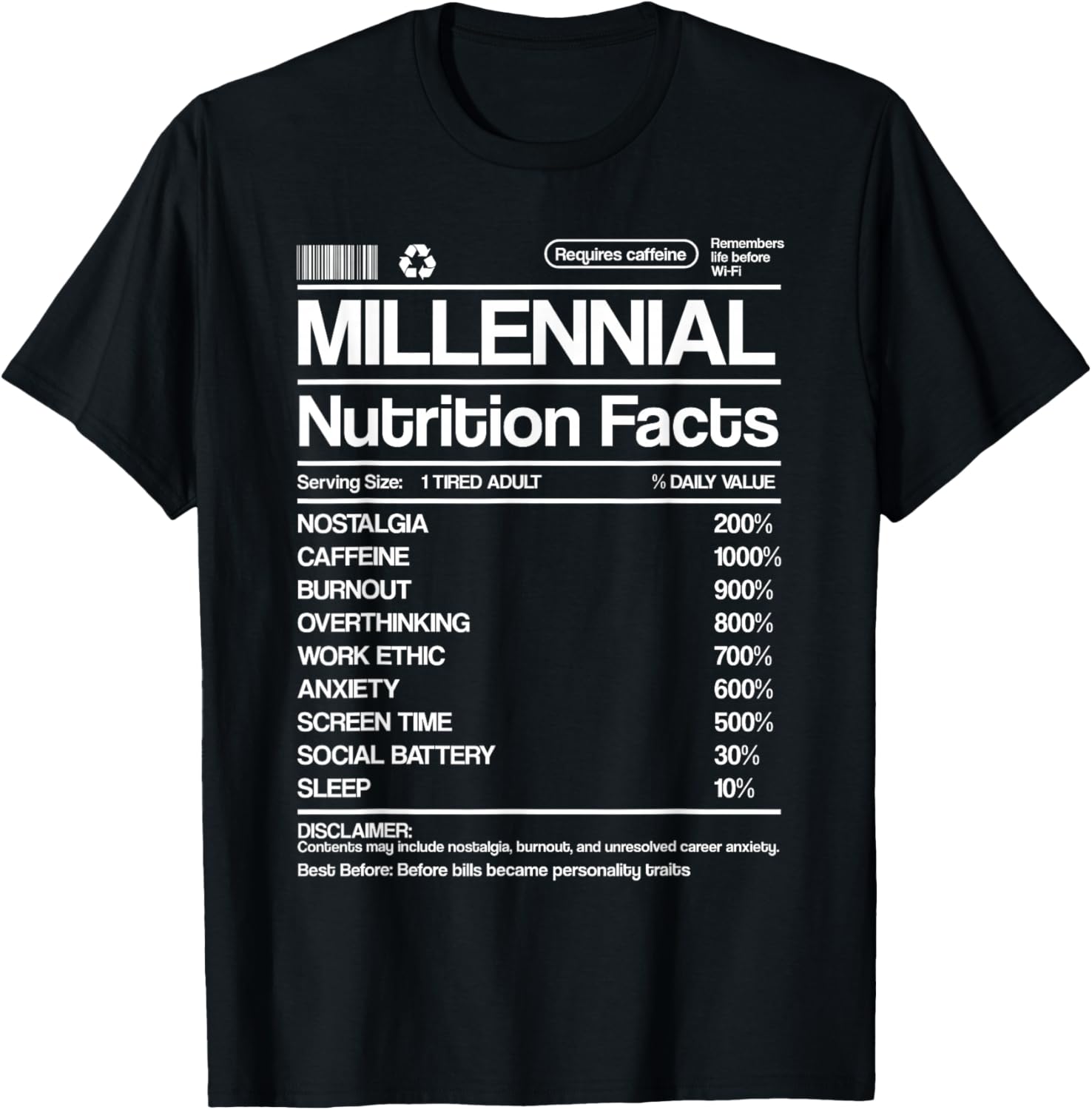 Millennial Nutrient Facts Humor Label Retro Parody T-Shirt - T-Shirt | Black