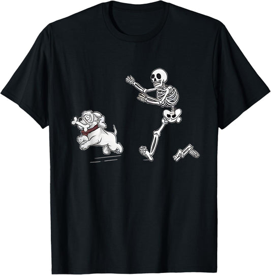 Halloween Dog, Funny Skeleton, Skeleton Chasing Dog T-Shirt - T-Shirt | Black