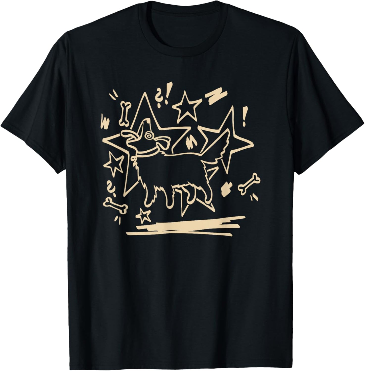 Y2K 90s Cute Confused Mutt Dog Pooch with Stars and Bones T-Shirt - T-Shirt | Black