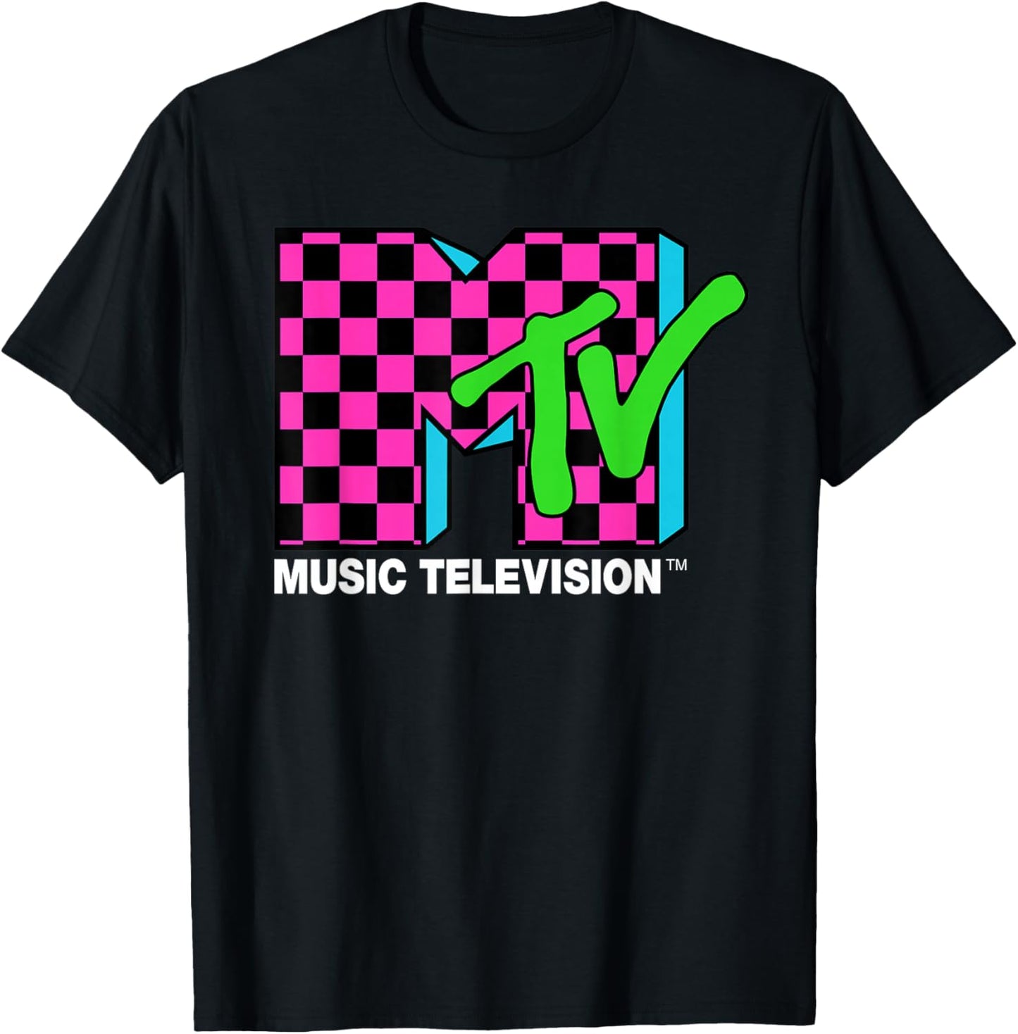 Classic MTV Logo Pink and Blue Check T-Shirt - T-Shirt | Black