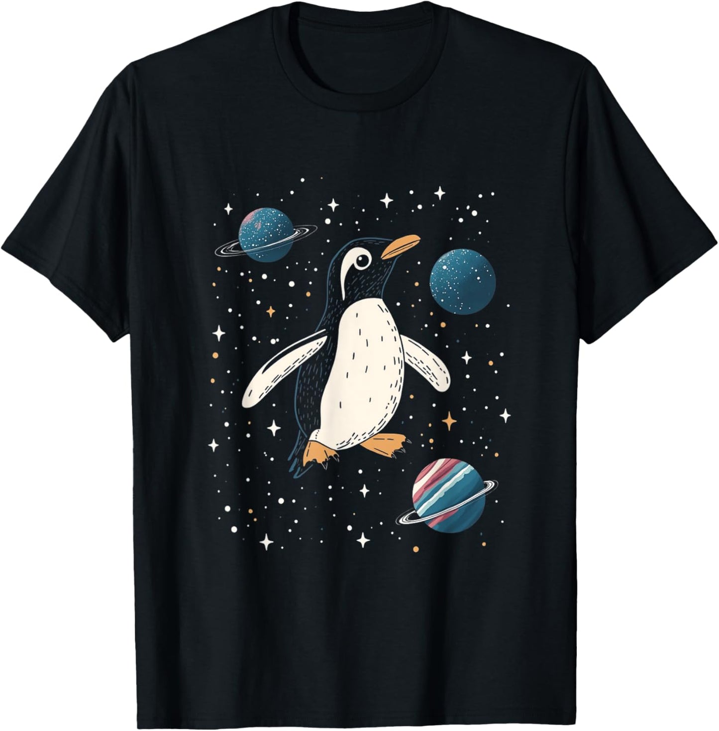 Penguin in Space Cartoon Art T-Shirt - T-Shirt | Black