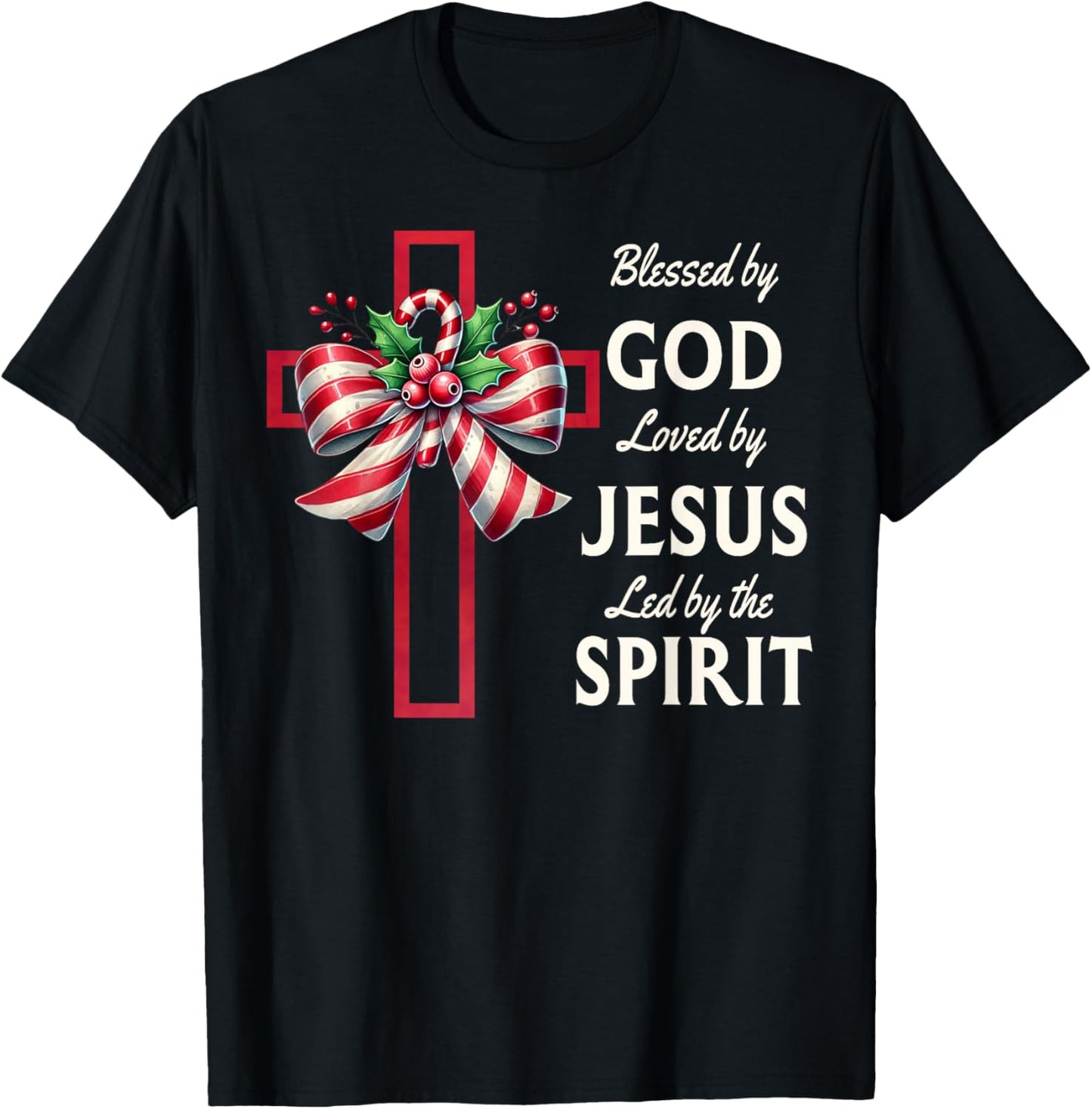 Blessed By God Loved By Jesus Beautiful Candy Cane Cross T-Shirt - T-Shirt | Black
