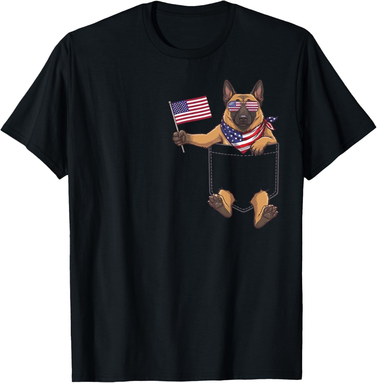 Belgian Malinois Dog Pocket American Flag 4th of July USA T-Shirt - T-Shirt | Black