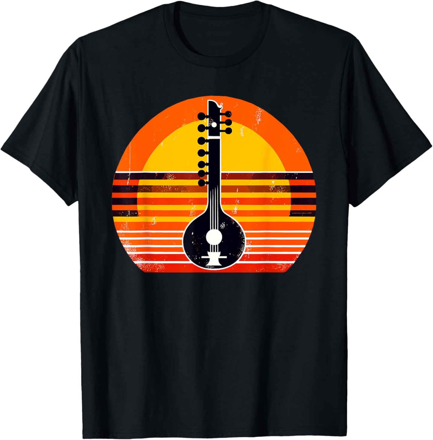 Retro Sunset Sitar Instrument Sitarist T-Shirt - T-Shirt | Black
