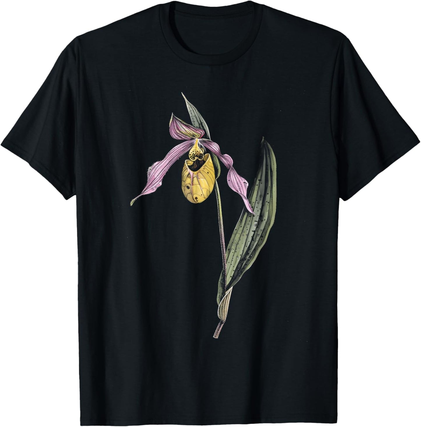 Botanical Lady's Slipper Orchid Flower Girl Floral Plant Mom T-Shirt - T-Shirt | Black