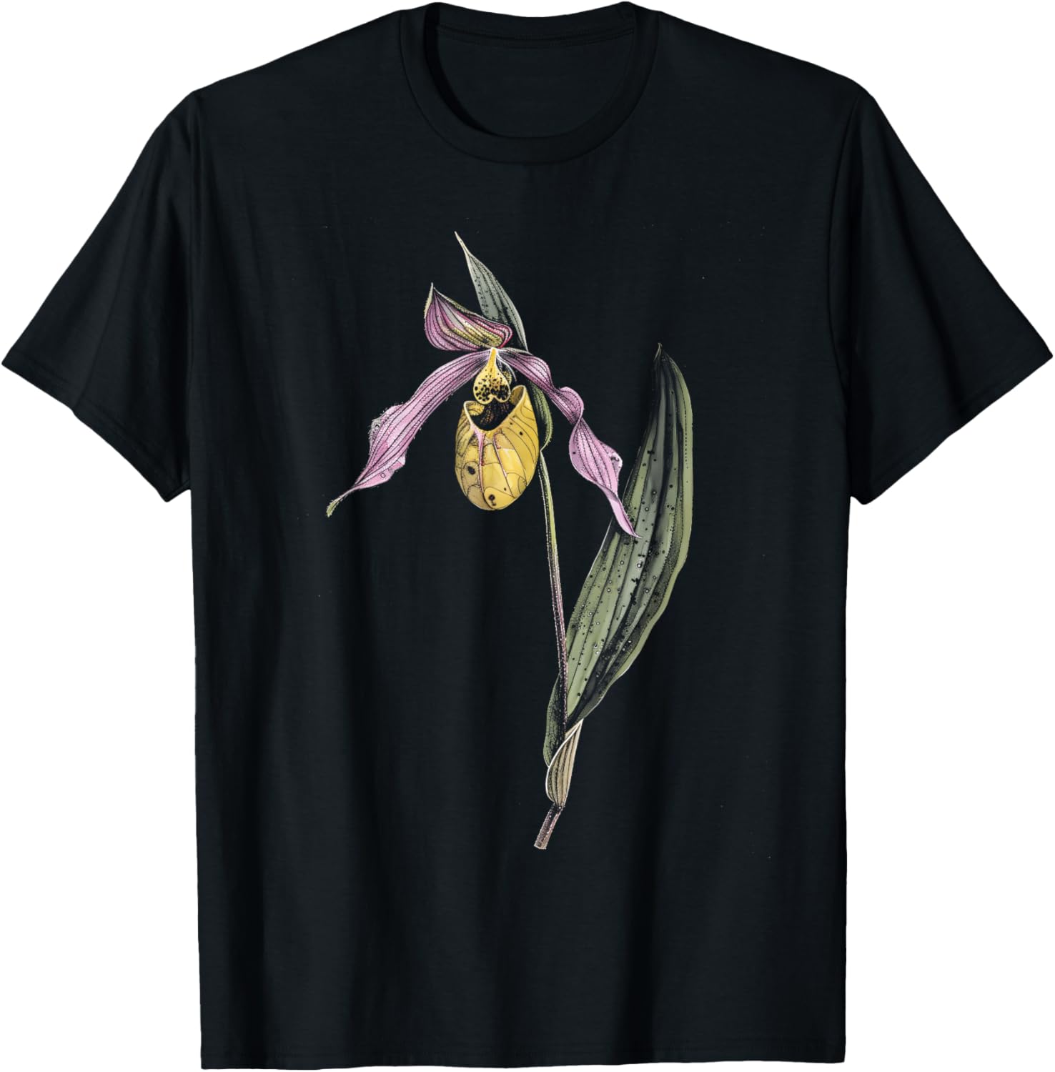 Botanical Lady's Slipper Orchid Flower Girl Floral Plant Mom T-Shirt - T-Shirt | Black