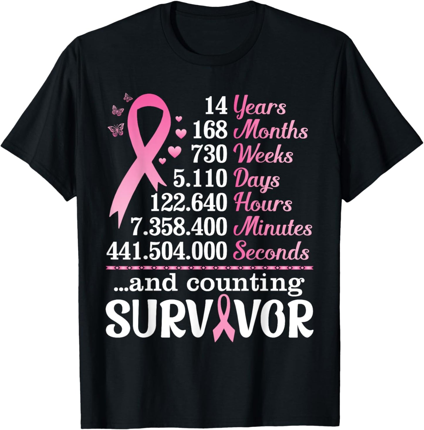 14 Years 168 Months Fighting Breast Cancer Counting Survivor T-Shirt - T-Shirt | Black