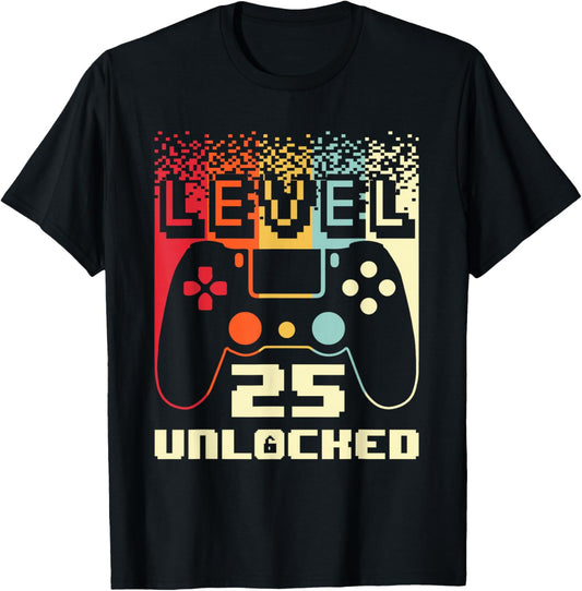 25th Birthday Level 25 Unlocked Gamer 25 Year Old T-Shirt - T-Shirt | Black