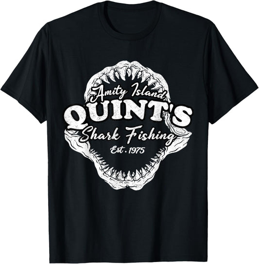 Quints Vintage Art Movies Ocean Funny Outfits Sharks Fishing T-Shirt - T-Shirt | Black