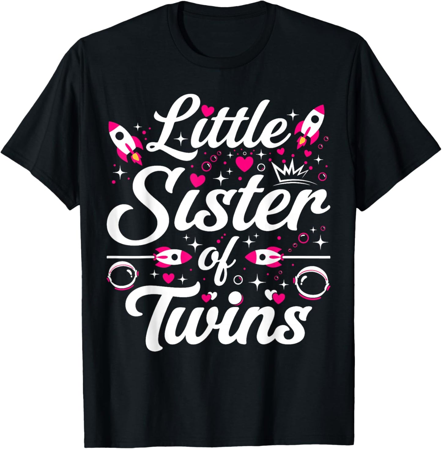 Little Sister of Twins Pink Rocket Space Themed Sibling T-Shirt - T-Shirt | Black