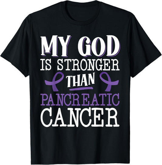 My God Is Stronger Than Pancreatic Cancer Purple Ribbon T-Shirt - T-Shirt | Black