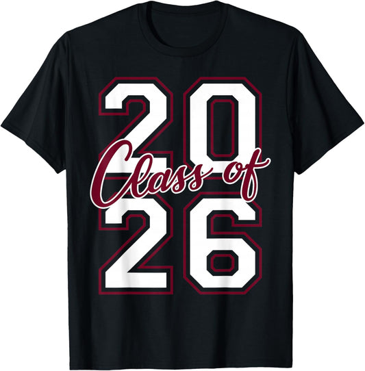 Class of 2026 Graduation Varsity White Maroon Stack Letters T-Shirt - T-Shirt | Black