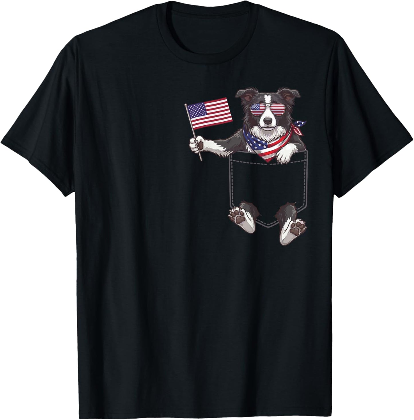 Border Collie Dog Pocket American Flag 4th of July USA T-Shirt - T-Shirt | Black