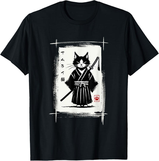 Samurai Cat Japanese Art Sumi-e Novelty Kawaii Funny Cat T-Shirt - T-Shirt | Black