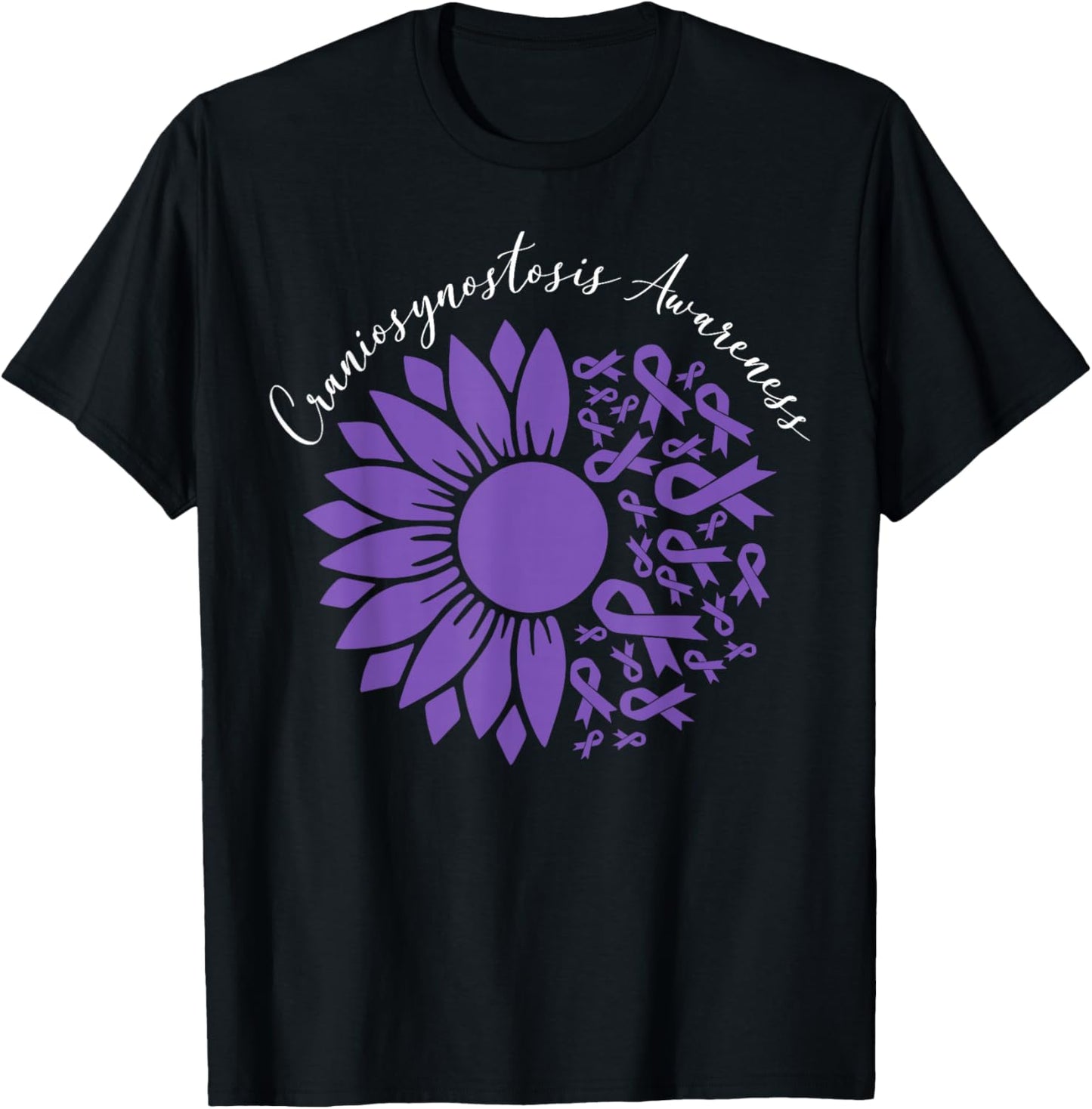 Craniosynostosis Awareness Sunflower Purple Ribbon Support T-Shirt - T-Shirt | Black