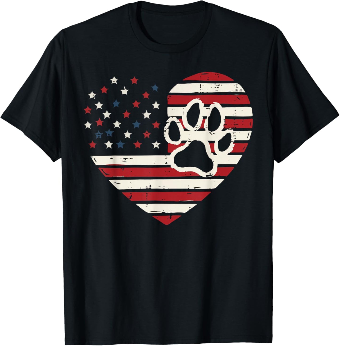 Heart US Flag Paw Print 4th of July Patriotic Men Women Kids T-Shirt - T-Shirt | Black