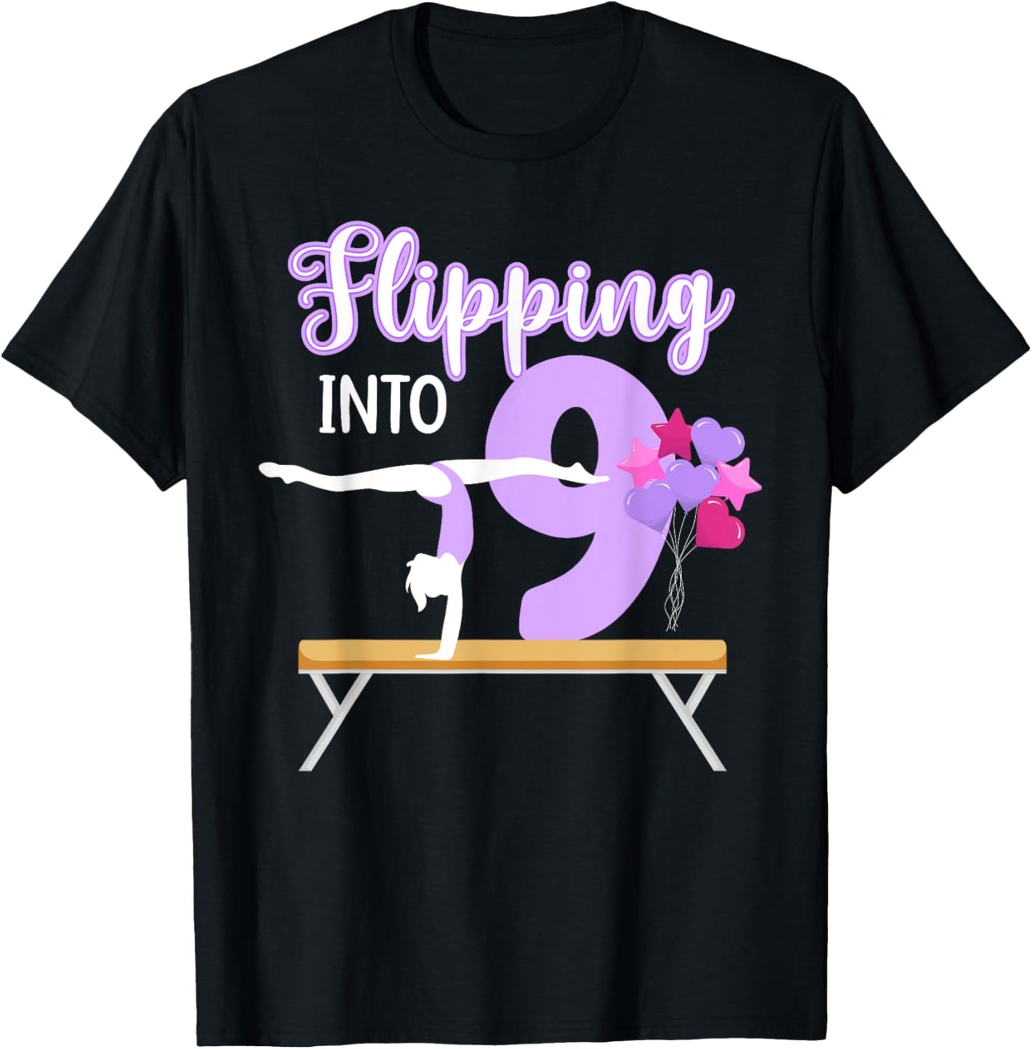9th Gymnastics Birthday Party Nine Year Old Gymnast Girl T-Shirt - T-Shirt | Black