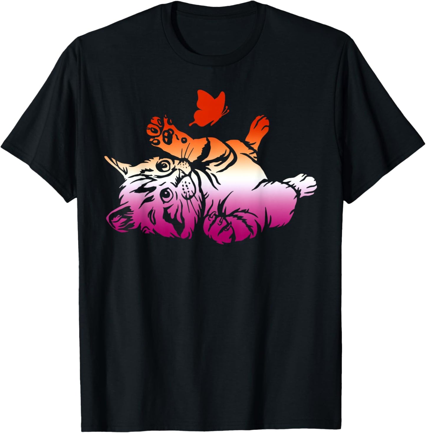 Lesbian Playful Cat Butterfly Cute Pride Love T-Shirt - T-Shirt | Black