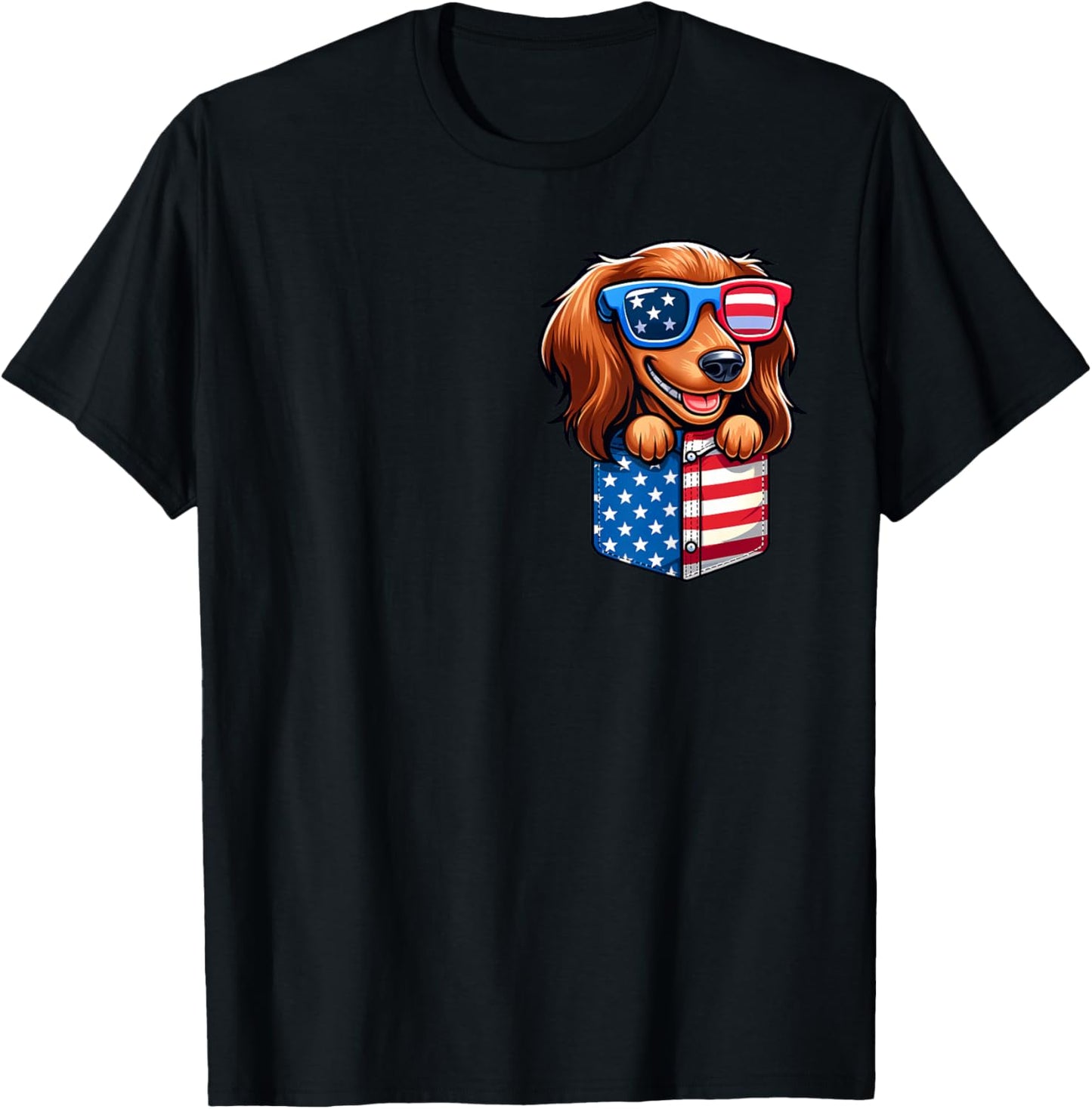 Long Hair Dachshund 4th July USA Flag In Pocket America T-Shirt - T-Shirt | Black