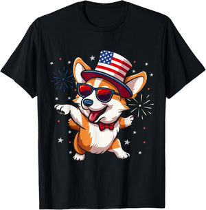Patriotic American Corgi Dancing USA Flag Dog 4th Of July Women Kids Men T-Shirt - T-Shirt | Black
