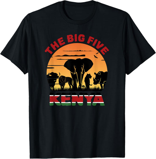Kenyan Flag, Big Five Kenya Pride Wildlife Safari T-Shirt - T-Shirt | Black