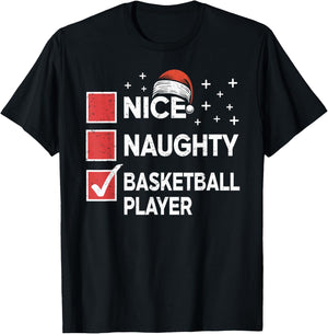 Christmas Nice Naughty Basketball Player Xmas List Santa Hat T-Shirt - T-Shirt | Black